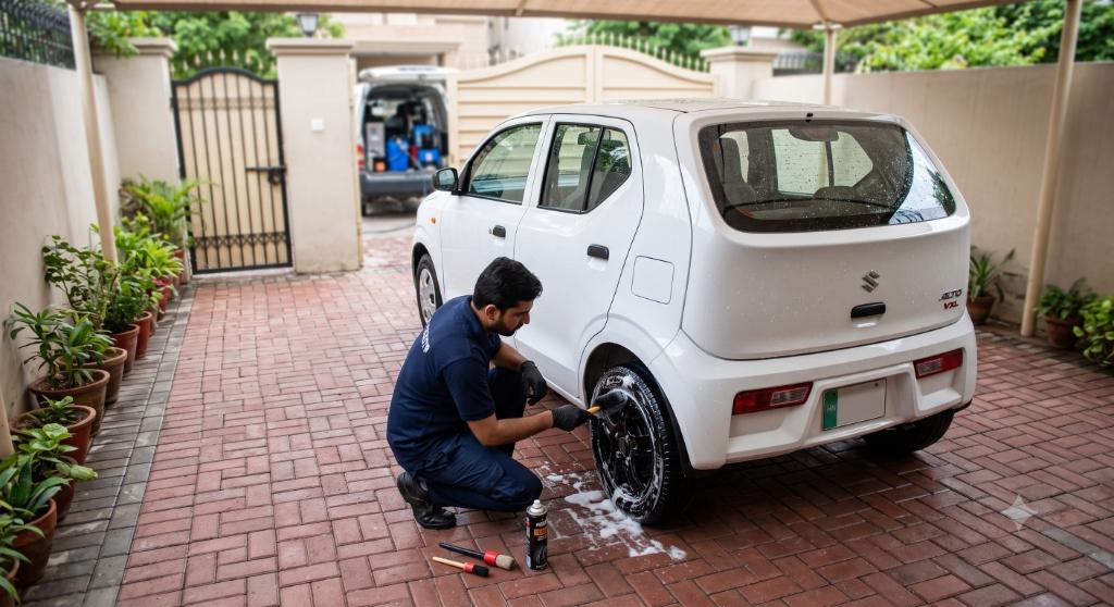 Detailer cleaning a Suzuki Alto wheel