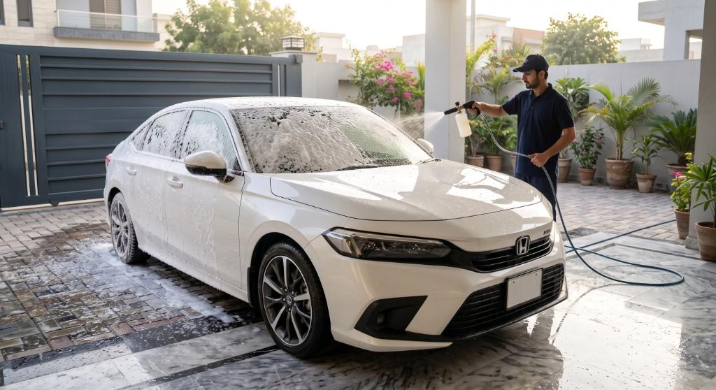 Detailer foam spraying a white Honda Civic